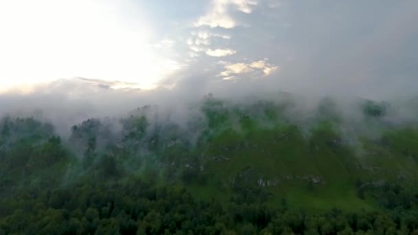 Vista aérea do rio Katun e colinas durante o nevoeiro após a chuva. República de Altai, Rússia — Vídeo de Stock