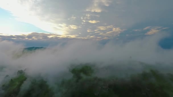 Pemandangan udara dari Sungai Katun dan perbukitan selama kabut setelah hujan. Republik Altai, Rusia — Stok Video