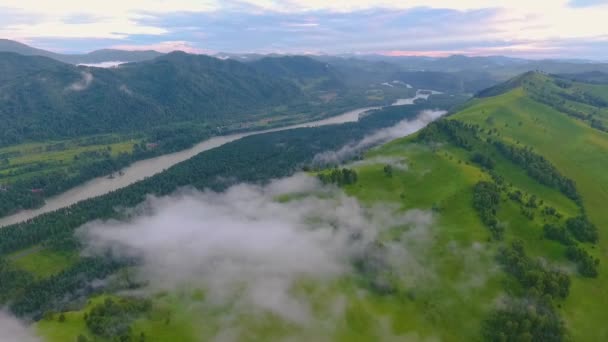 Flygfoto över Katun floden och kullarna under dimman efter regnet. Altai, Ryssland — Stockvideo