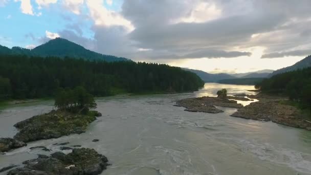 Aerial view of the Katun River and hills during sunset after rain. The Republic of Altai, Russia — Stock Video