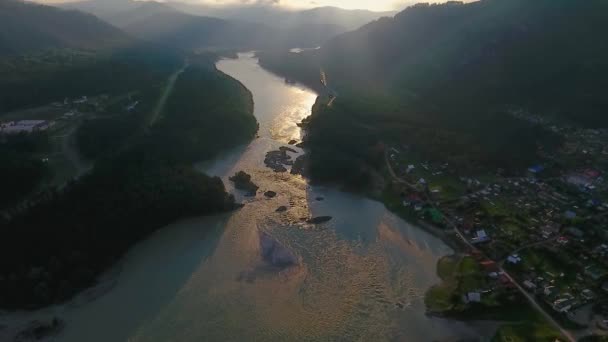 Aerial view of the Katun River and hills during sunset after rain. The Republic of Altai, Russia — Stock Video