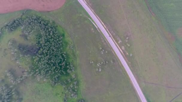 Вид с воздуха на поля, лес и дорогу Красноярского края. Россия — стоковое видео