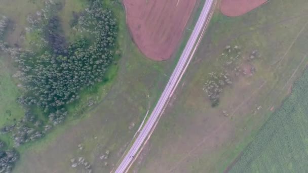 Вид с воздуха на поля, лес и дорогу Красноярского края. Россия — стоковое видео