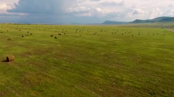 Вид з повітря на нескінченні поля, гори, стогах сіна, дороги та автомобіля в русі в Республіка Хакасія. Росія — стокове відео