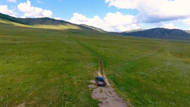 มุมมองจากอากาศไปยังทุ่งหญ้าสีเขียว, เนินเขาในระยะไกลและรถขี่ off-road ในสาธารณรัฐ Khakassia รัสเซีย — วีดีโอสต็อก