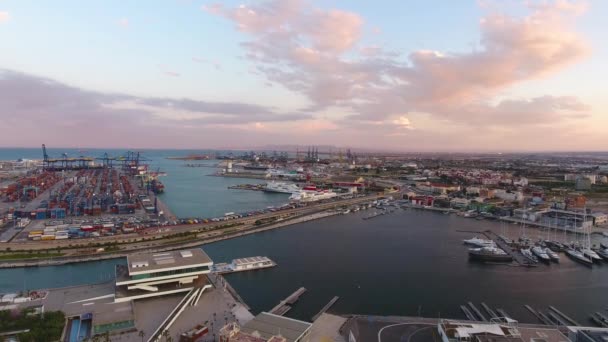 View from the air to the seaport of Valencia during sunset. Spain — Stock Video