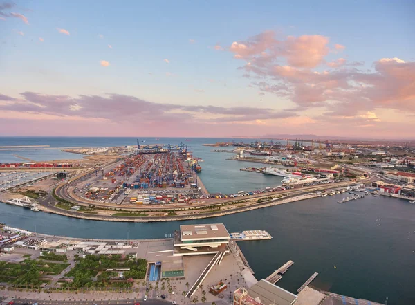 View from the air to the seaport of Valencia during sunset. Spain