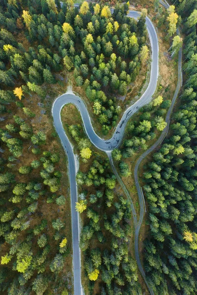Vue aérienne sur les montagnes, la forêt d'automne et les routes du sud du Tyrol. Dolomites Italie — Photo