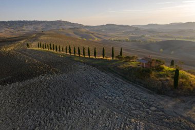 Tarlaların havadan görünüşü, San Quirico Dorcia yakınlarındaki şaraphaneler. Tuscany sonbahar gündoğumu