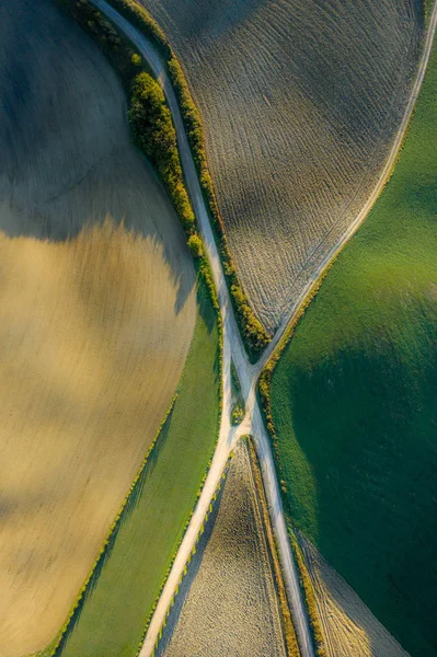 Vista aérea de los campos, bodegas cerca de San Quirico dOrcia. Toscana otoño amanecer —  Fotos de Stock