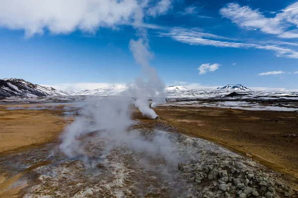 Aerial view of geothermal springs in the location of Hverir. Iceland in early spring — Stock Photo, Image