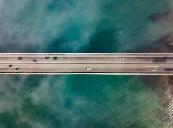 Aerial view on dos Santos bridge during fog and bay. Near Ribadeo in Northern Spain — Stockfoto