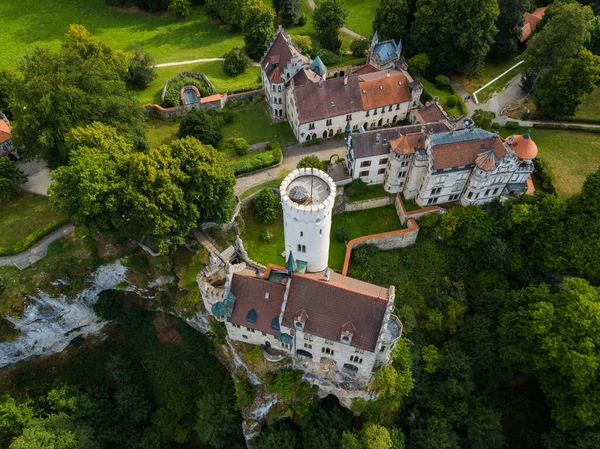 Aerial view of Lichtenstein castle in cloudy weather. Germany in the summer — Stock Photo, Image