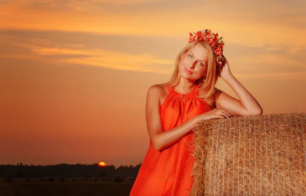 Красивая сексуальная молодая женщина на сене — стоковое фото
