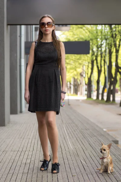 Young fashion woman, walking her dog in the street — Stock Photo, Image