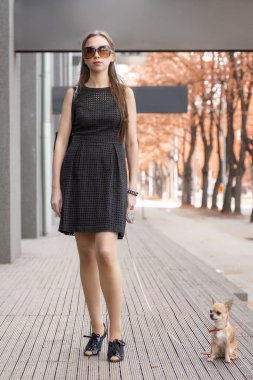 Onu köpek sokakta yürüyen genç moda kadın