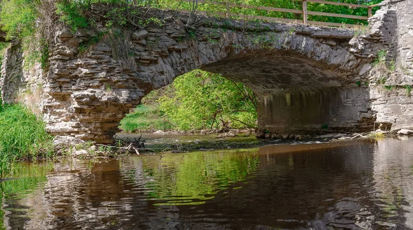 Viejo puente de piedra sobre un pequeño arroyo en el bosque —  Fotos de Stock