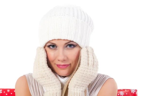 Picture of beautiful woman in white mittens — Stock Photo, Image