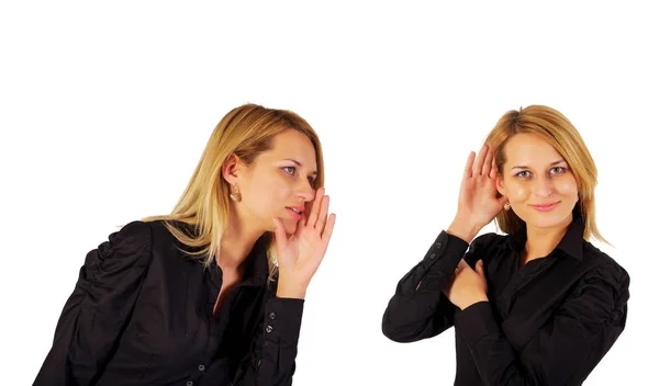 Jonge zakelijke vrouw zeggen en andere vrouw luisteren — Stockfoto