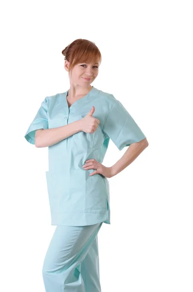 Gelukkig lachend vrouwelijke arts met duimen omhoog gebaar — Stockfoto