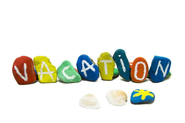 Colored Rocks Vacation Text Seashells White Background — Stock Photo, Image