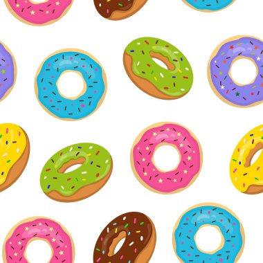 Renkli jöleli donutlarla mükemmel bir desen. Beyaz arka planda serpiştirilmiş tatlı fırın