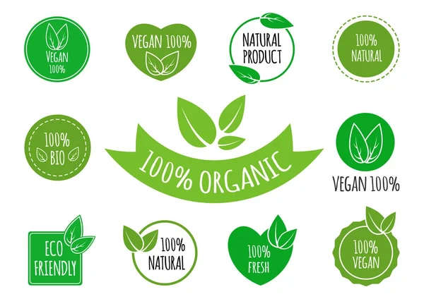 Sada veganské, organických, zdravé potraviny, loga, ikony, popisy. Zdravé potraviny odznaky, štítky pro kavárny, restaurace, produkty obaly atd — Stockový vektor