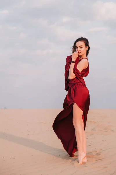 Girl Desert Sunset Red Dress Developing Wind — Stock Photo, Image