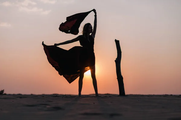 Girl Desert Sunset Red Dress Developing Wind — Stock Photo, Image
