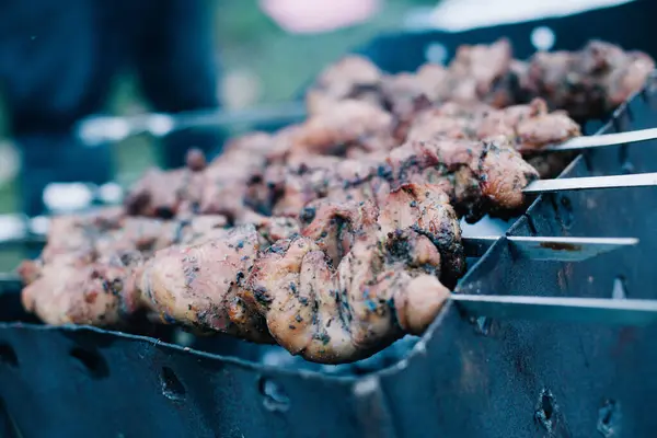Saftiges Frisches Fleisch Zum Braten Auf Heißen Kohlen — Stockfoto