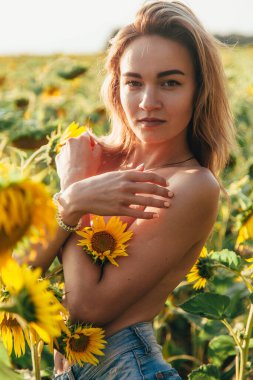 Genç üstsüz bir kız ayçiçeklerinde duruyor.