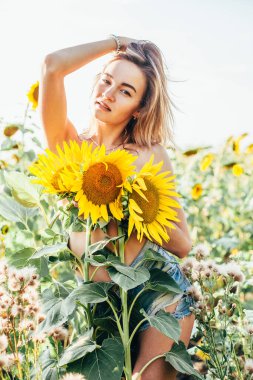Genç üstsüz bir kız ayçiçeklerinde duruyor.