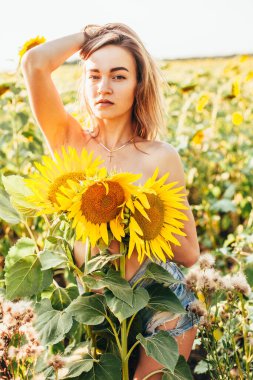 Genç üstsüz bir kız ayçiçeklerinde duruyor.