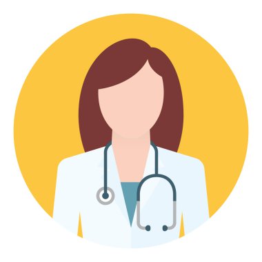 Steteskoplu vektör dairesi ikonu kadın doktor. Kahverengi saçlı. Beyaz arkaplanda izole.