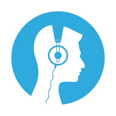 Vektör mavi daire simgesi, profil başı kulaklıklı adam. Beyaz arkaplanda izole.