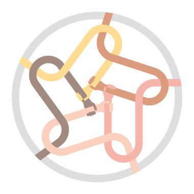 Altı kişilik vektör el ele tutuşuyor. Dolaşmış eller. Arkadaşlık sembolü. Beyaz arkaplanda izole.