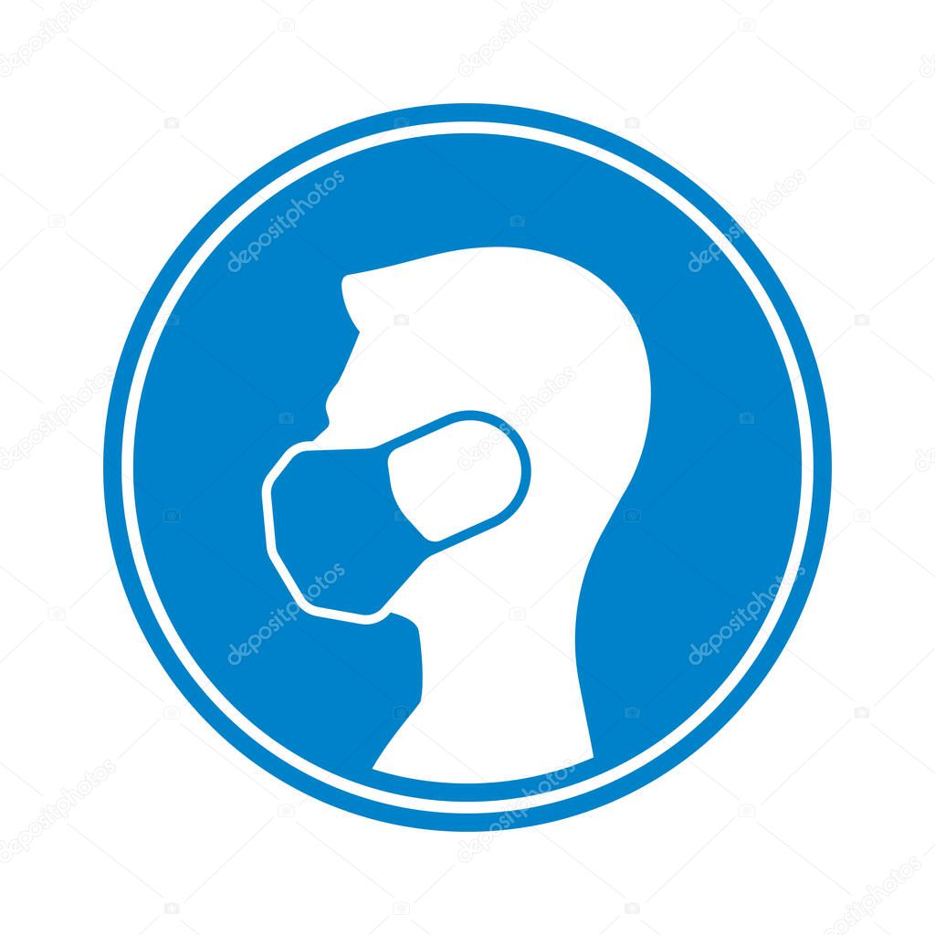 Vector blue circle sign - white silhouette man with medical face mask. Isolated on white background.