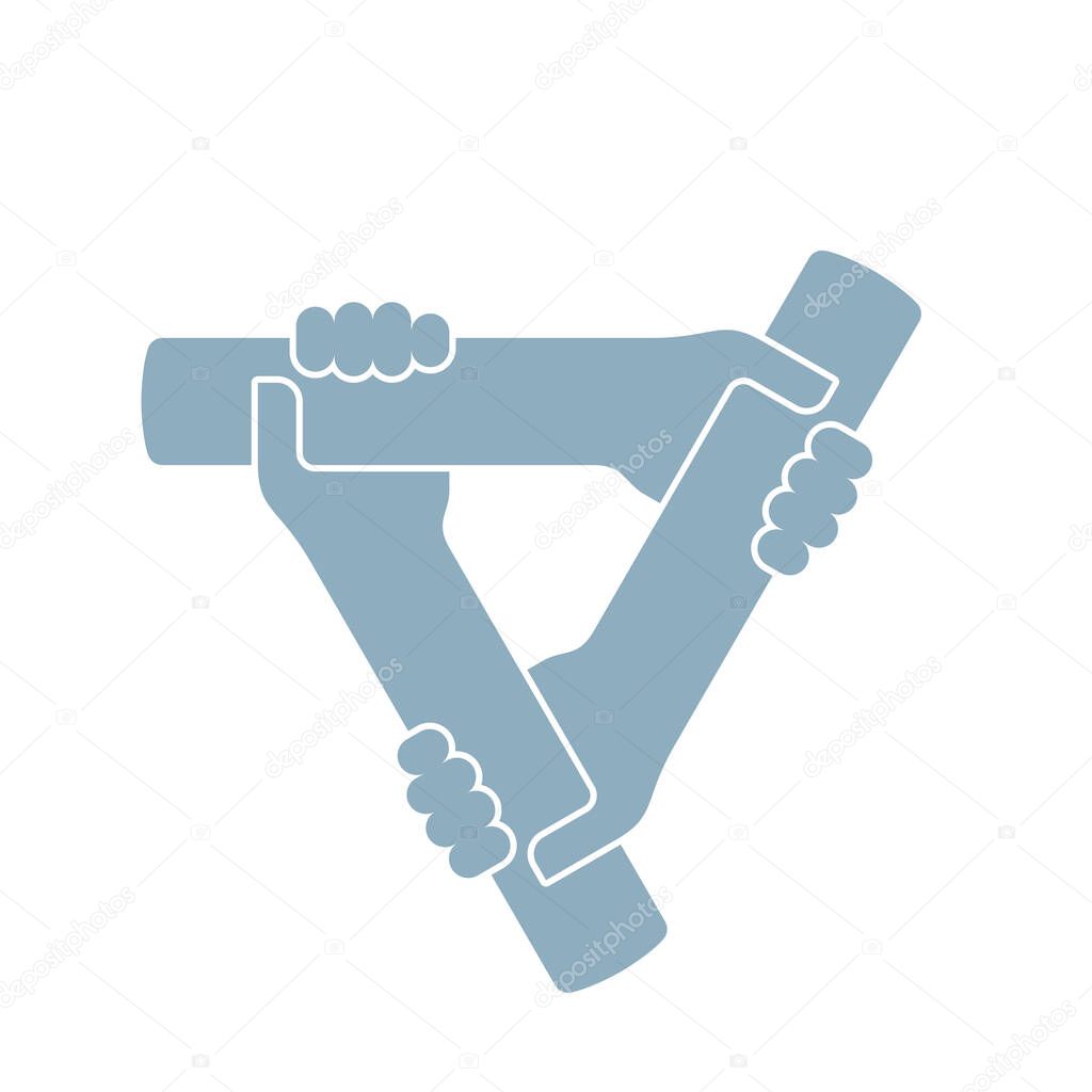 Vector of three holding each other hands. Friendship or teamwork symbol. Isolated on white background.