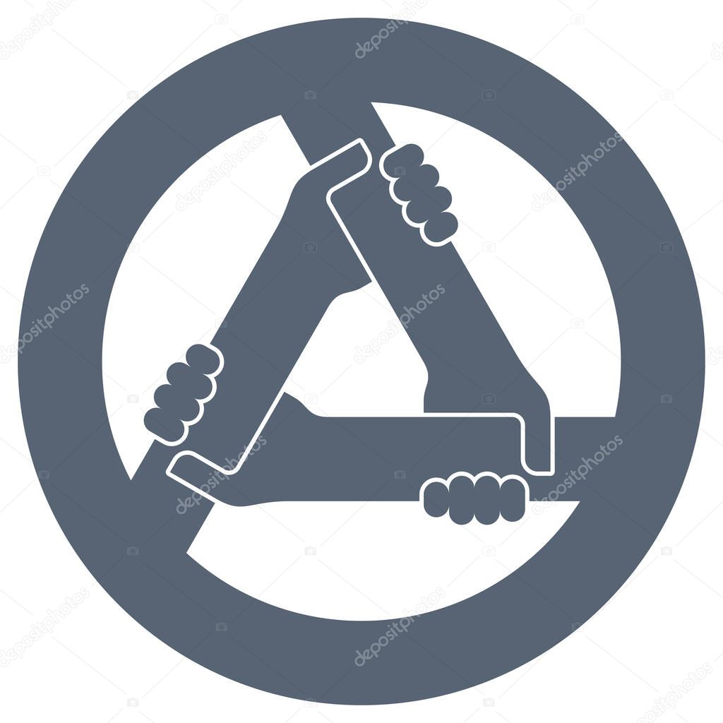 Vector circle icon of three holding each other hands. Friendship or teamwork symbol. Isolated on white background.
