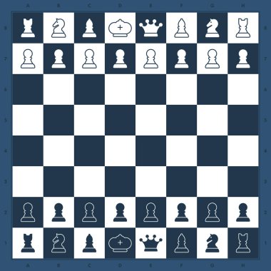 Vektör satranç oyunu. Satranç tahtası üst görünümü. Mavi arkaplan.