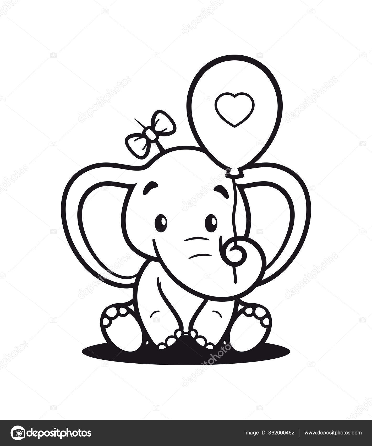 Garis Vektor Hitam Duduk Bayi Gajah Memegang Balon Tiup Dengan Stok Vektor Kwaczek 362000462