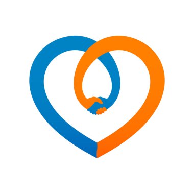 İki eli olan turuncu ve mavi kalp taşıyıcısı, el sıkışma. Beyaz arkaplanda izole.