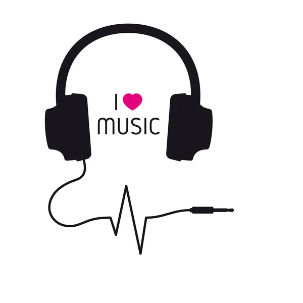 Διάνυσμα Μαύρη Εικόνα Σιλουέτα Ακουστικά Καλώδιο Σχήμα Καρδιάς Απομονωμένο Λευκό — Διανυσματικό Αρχείο