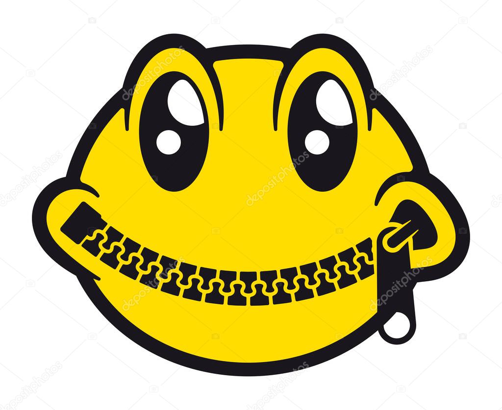 Vector funny yellow emoticon with zipper. Black outline. Isolated on white background
