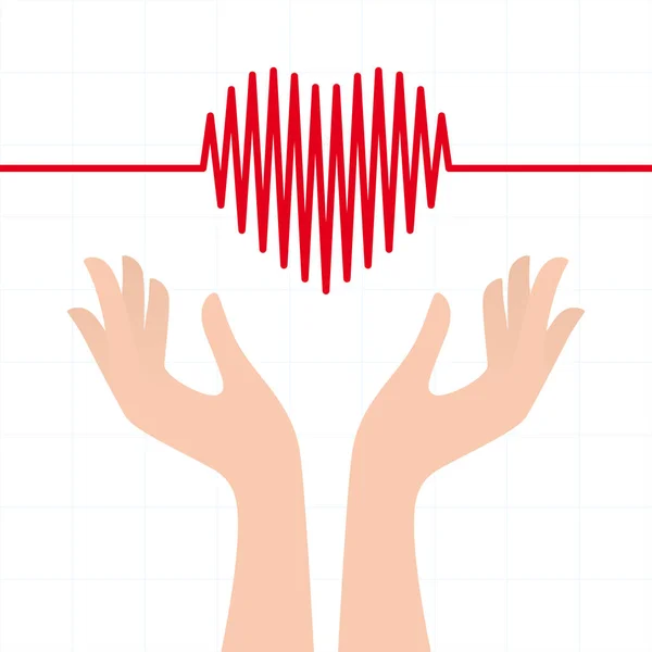 Coração Vetorial Bate Cardiograma Com Mãos Femininas Sobre Fundo Branco — Vetor de Stock
