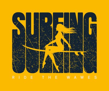 Vektör sörfçü kız ve sörf yaparken mesaj. Sarı arkaplan.