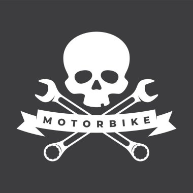 Vector white vintage biker emblem - tattoo with skull and ribbon. clipart