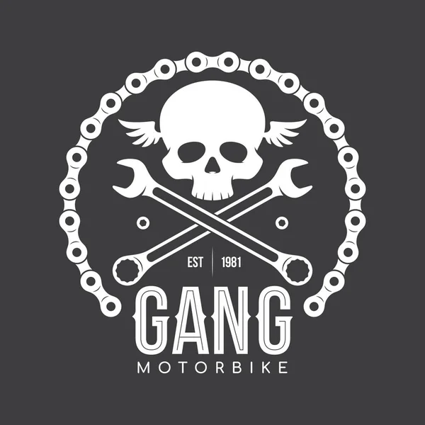 Vector Weißes Vintage Biker Emblem Tätowierung Mit Totenkopf Kette — Stockvektor