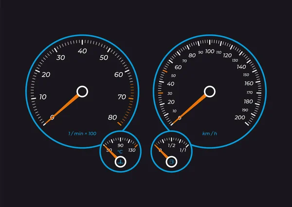 Deska Rozdzielcza Wektorowa Prędkościomierzem Tachometrem Miernikiem Temperatury Gazomierzem Czarnym Tle — Wektor stockowy