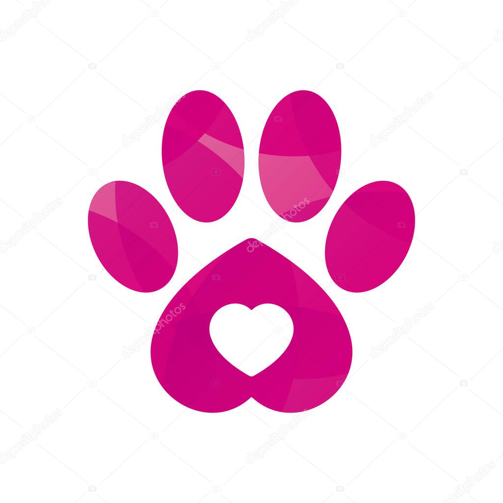 Vector colored dog or cat footprint with heart. Isolated on white background.